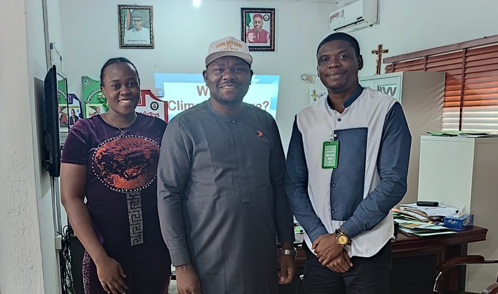 Chioma Nwafor (PASDO staff), Ernest Ezeajughi (Chief of Staff to Anambra State Governor, Prof. Chukwuma Soludo) and Elochukwu Ezenekwe (climate change expert) during climate change education session organized by PASDO at Anambra State Government House in Awka, Nigeria.
